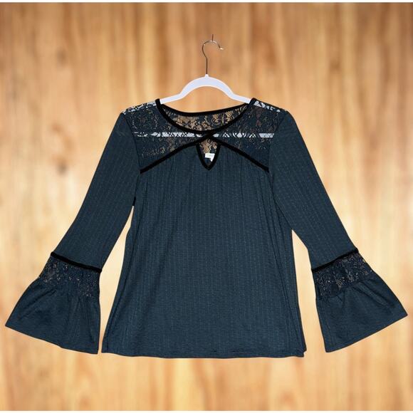 Whimsygoth Lace Green Gauze Velvet Trim Bell Sleeve Top Boho Hippie Size Small - Picture 1 of 10